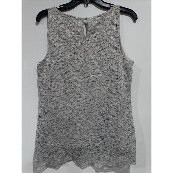 Ann Taylor LOFT Shirt Womens Medium Gray Silver Lace Tank Top Lined Sleeveless - Picture 2 of 8